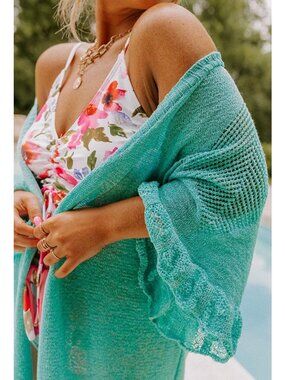 143 Story 3X Teal Open Front Knit Cardigan With Ruffle Sleeves & Diamond Detail